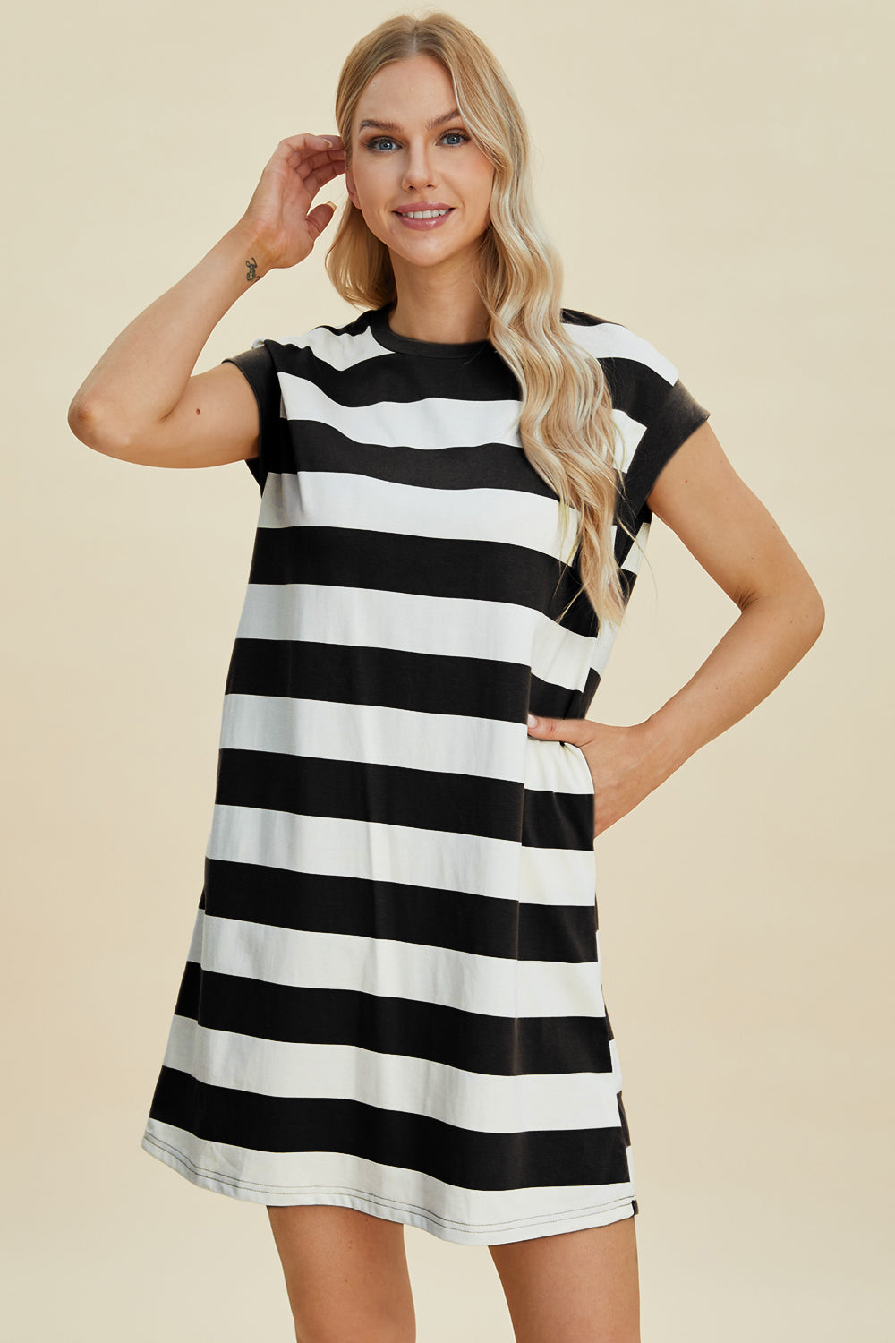 Striped Round Neck Cap Sleeve Mini Dress Trendsi