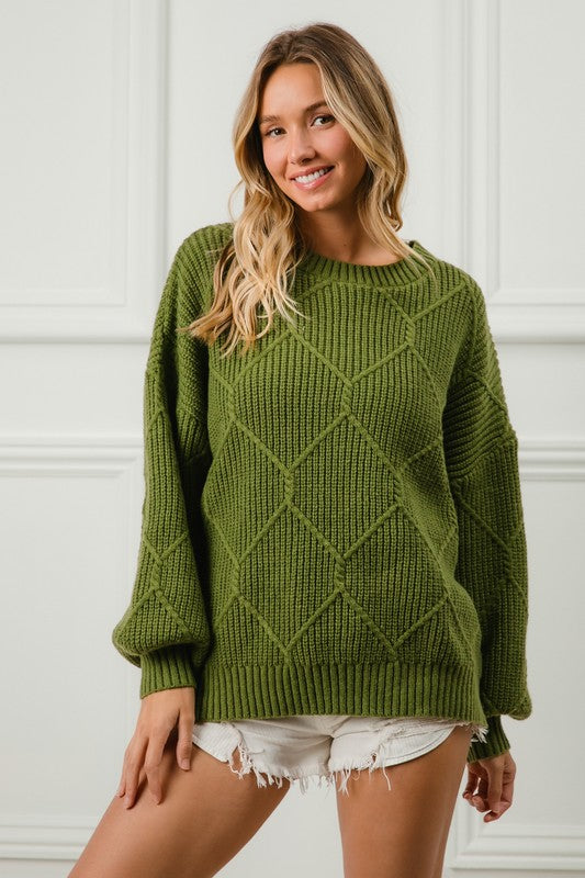 BiBi Diamond Texture Moss Green Round Neck Long Sleeve Sweater Top Trendsi