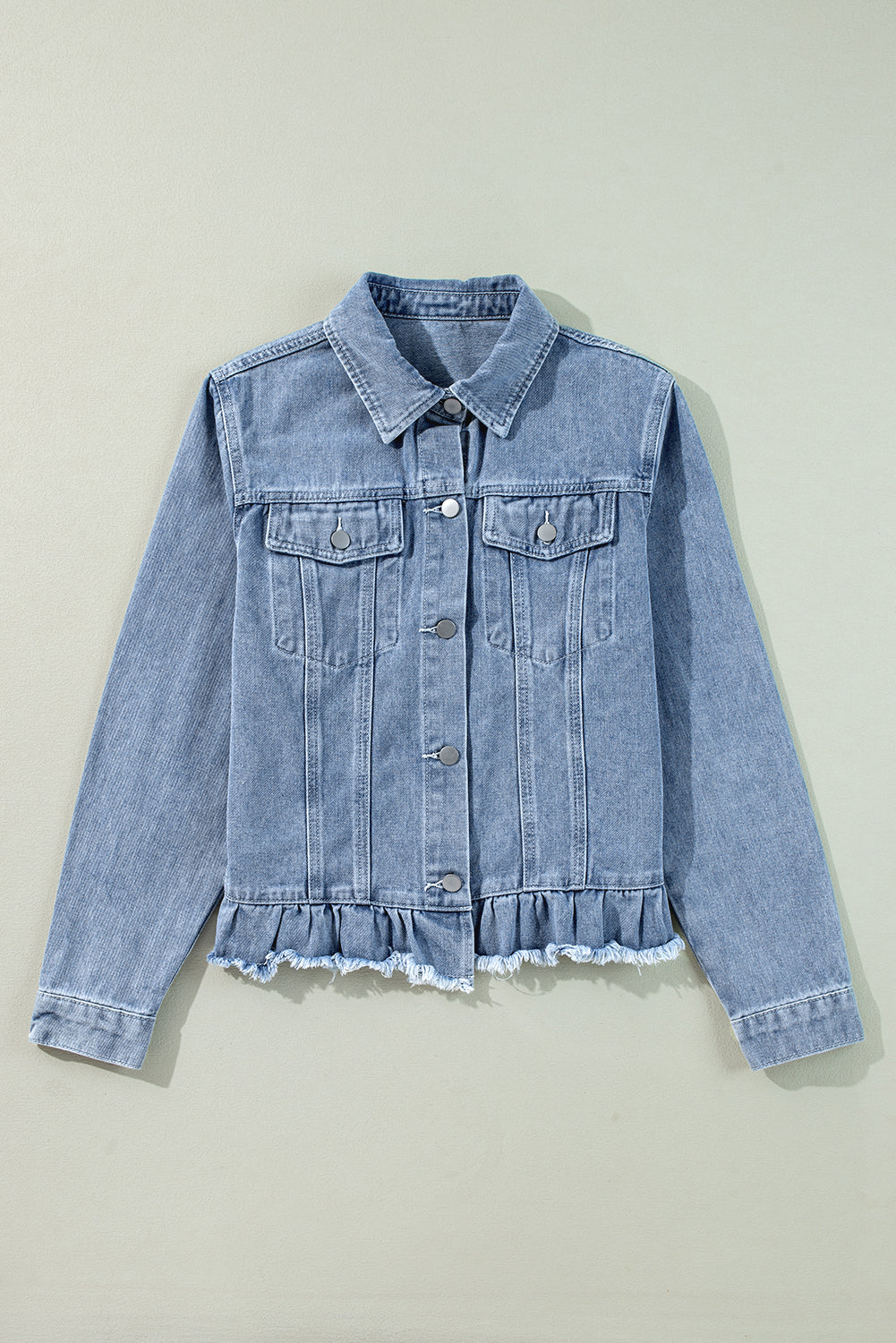 Beau Blue Ruffle Raw Hem Flap Pockets Denim Jacket Kittybear Krafts