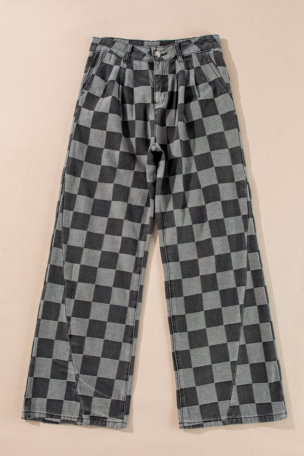 Dark Grey Checkered Denim Wide Leg Jeans Kittybear Krafts