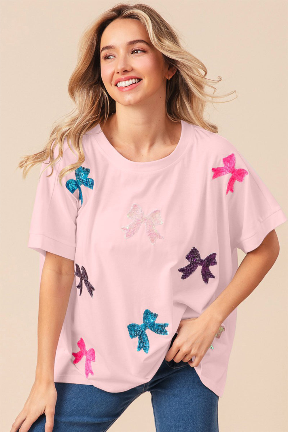 Sequin Bow Patch Short Sleeve T-Shirt - Kittybear Krafts