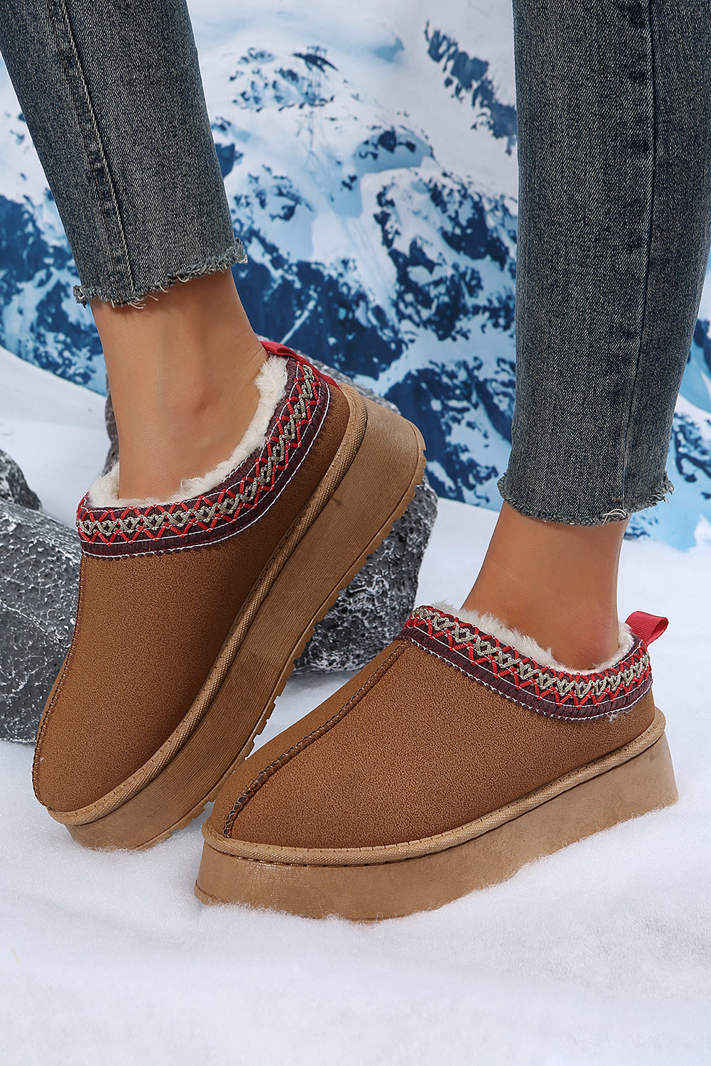 Chestnut Contrast Print Suede Plush Lined Snow Shoes Kittybear Krafts