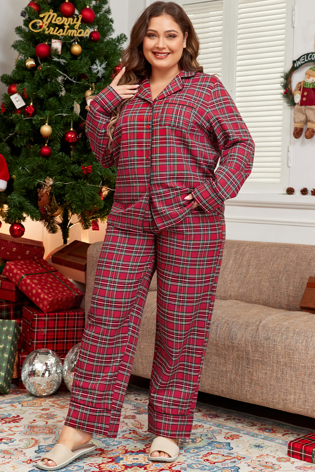 Red Plaid Printed Shirt and Pants Plus Size Loungewear Set Kittybear Krafts