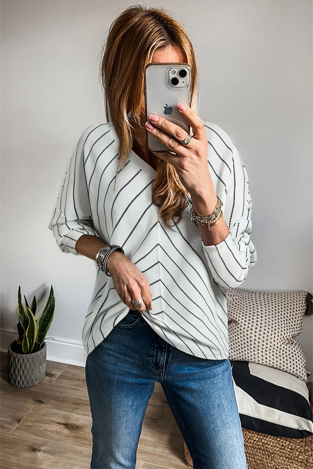 Black Stripe Chevron Striped V Neck Long Sleeve Casual Top