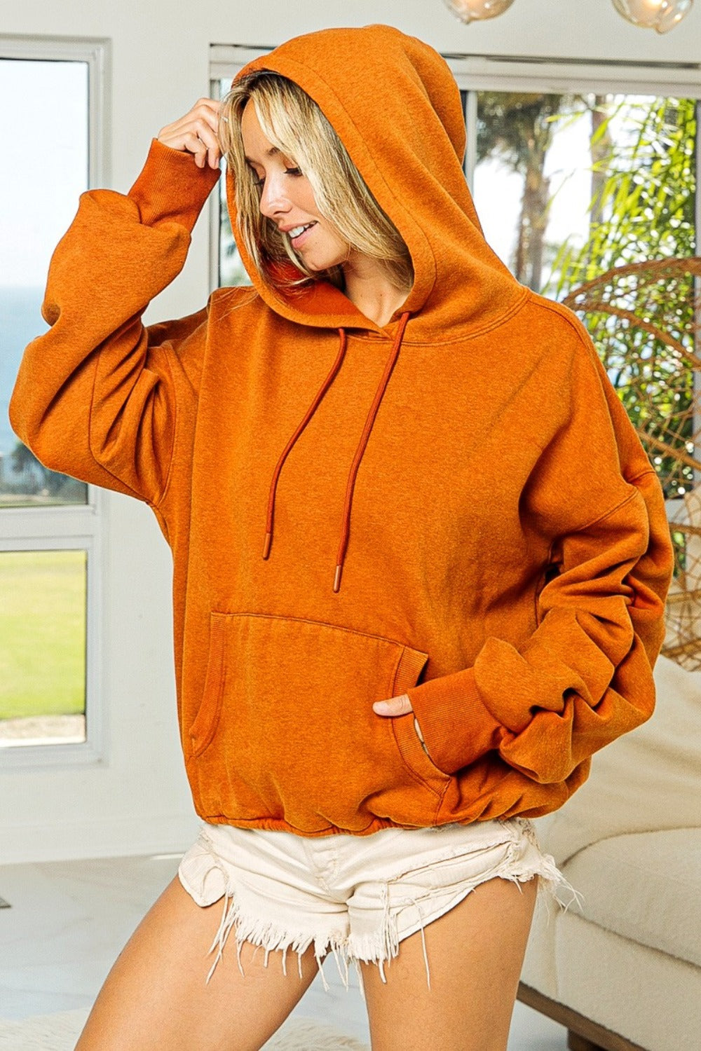 Ruched Long Sleeve Washed Fleece Hoodie - Kittybear Krafts