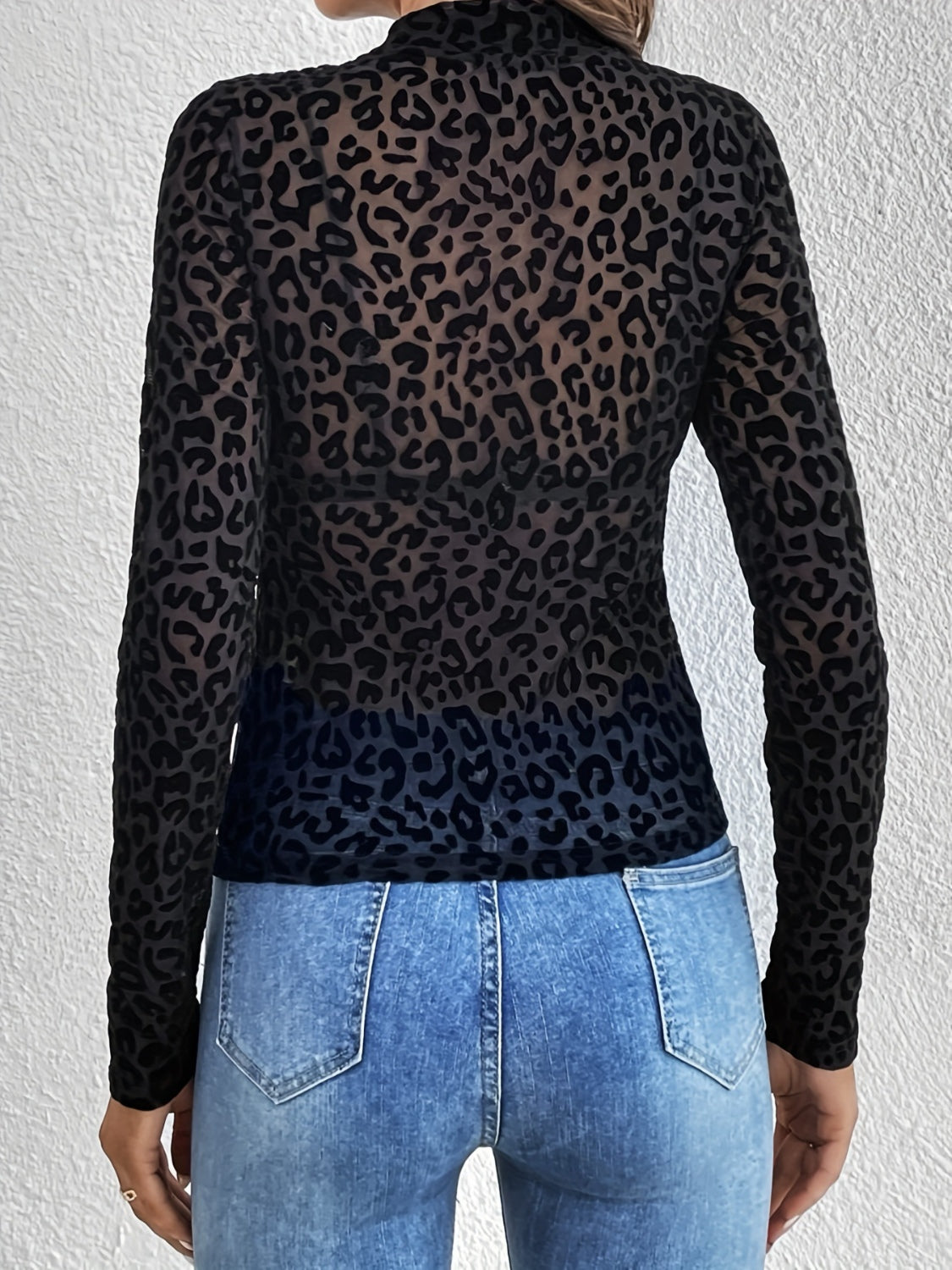 Leopard Mock Neck Long Sleeve Sheer Top