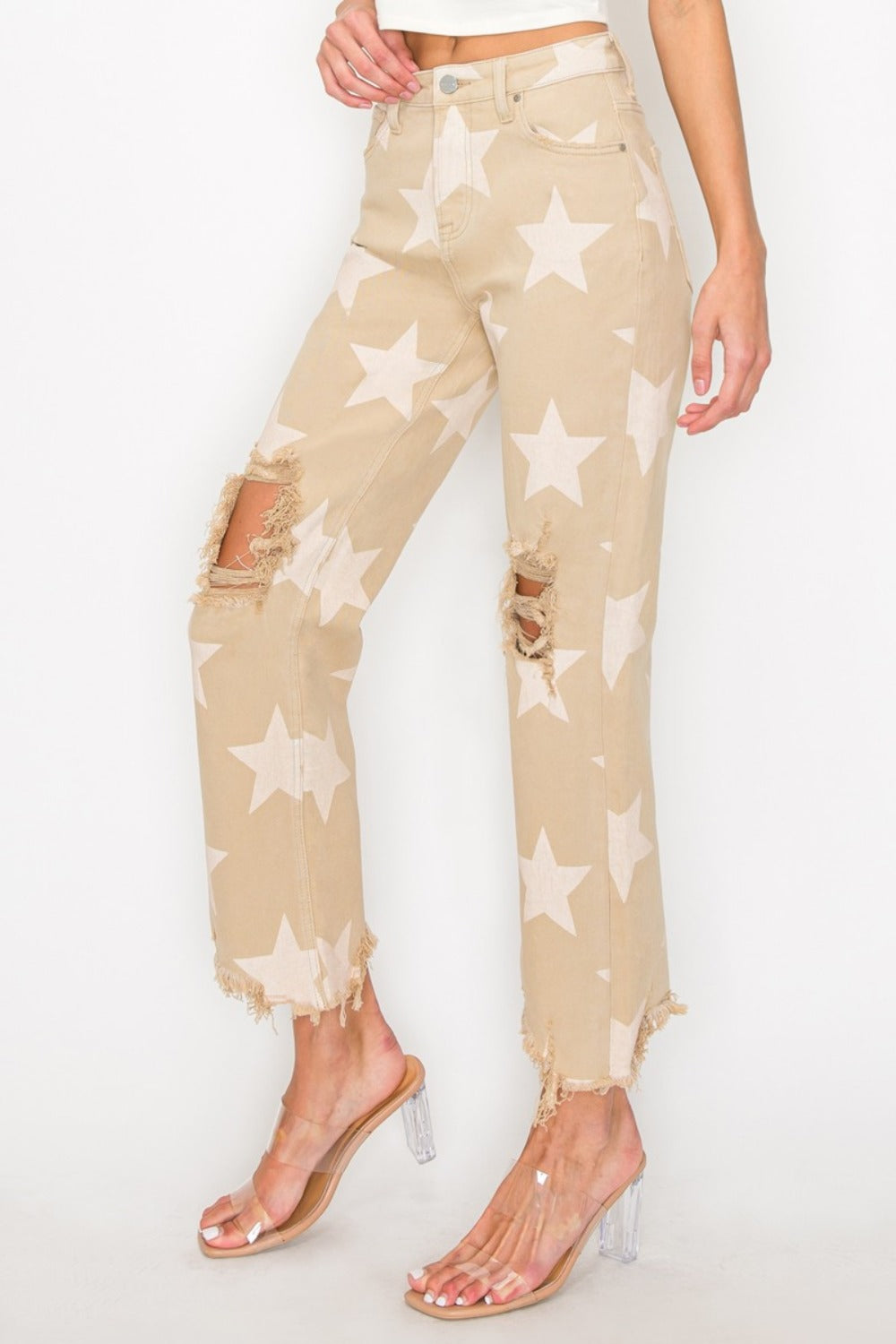 RISEN High Rise Star Printed Frayed Hem Jeans - Kittybear Krafts