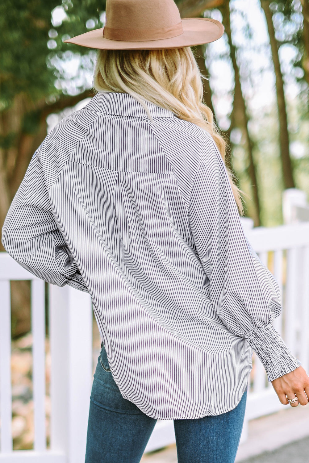 Smocked Cuffed Striped Boyfriend Shirt Top with Pocket