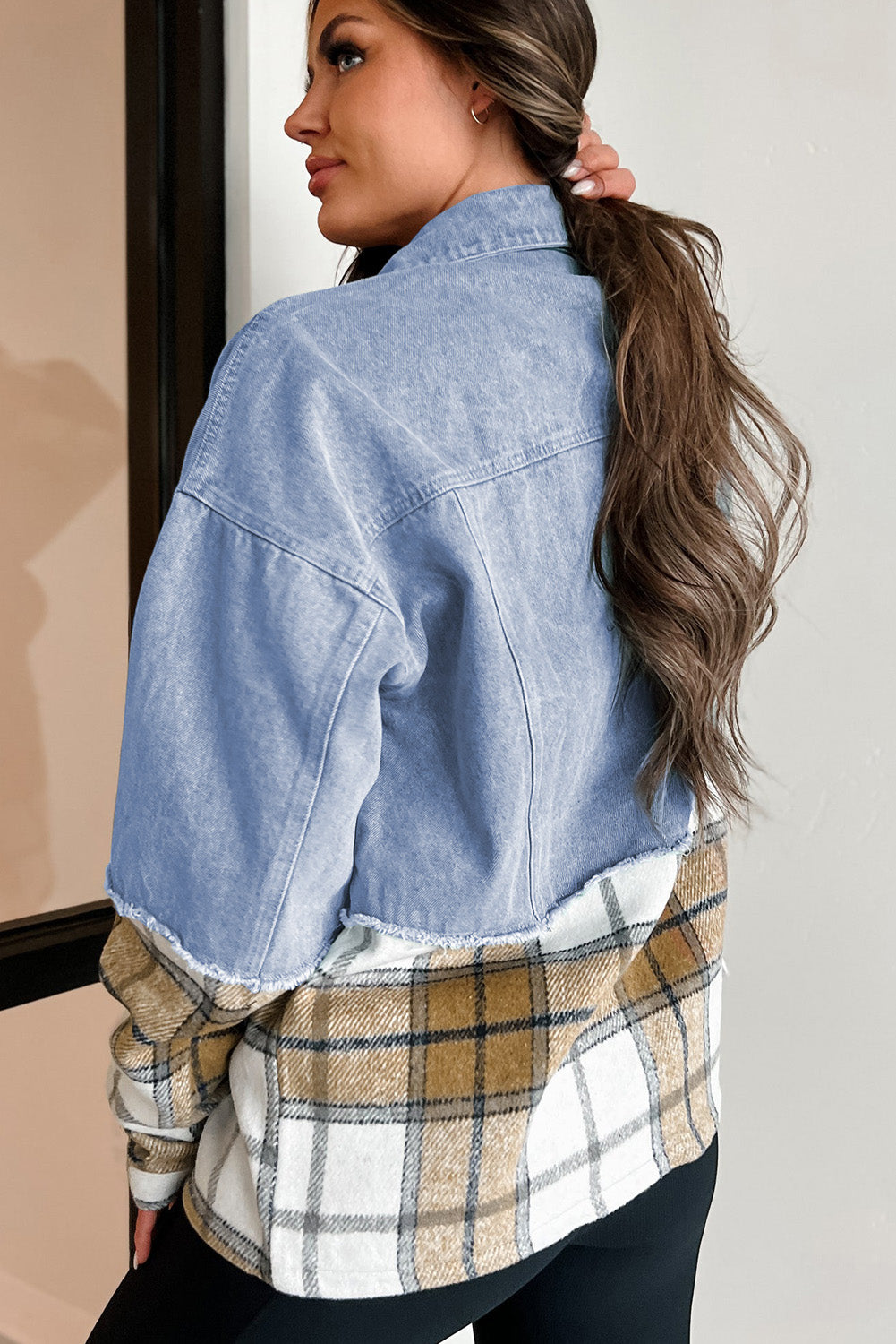 Khaki Plaid Patchwork Buttoned Oversized Denim Jacket Kittybear Krafts