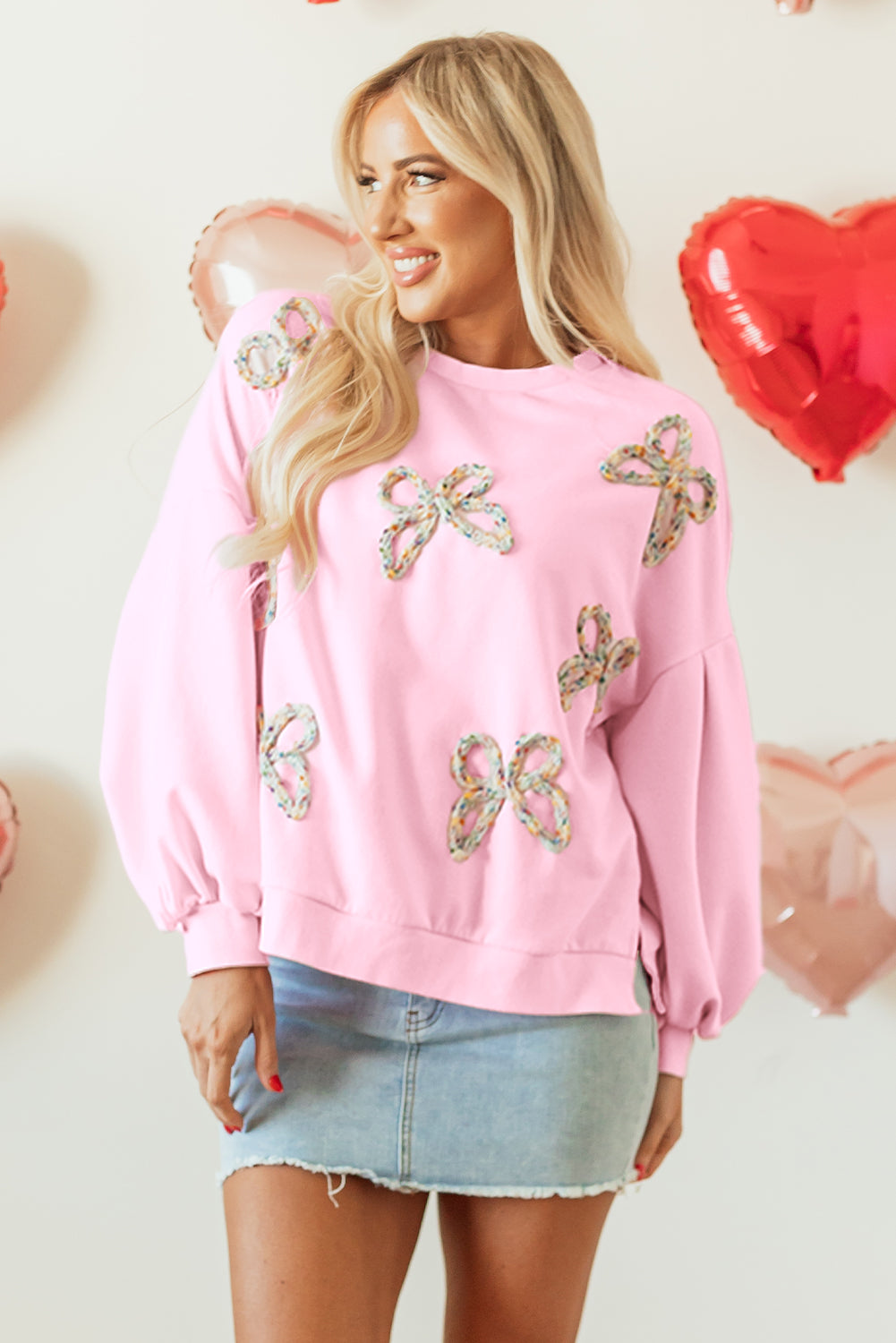 Light Pink Embroidered Bow Lantern Sleeve Oversized Pullover Sweatshirt Kittybear Krafts