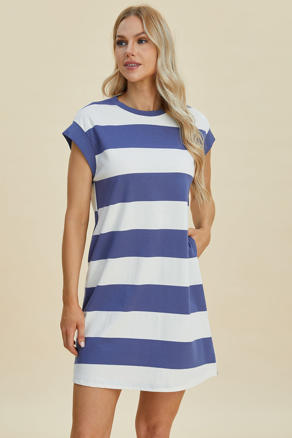 Striped Round Neck Cap Sleeve Mini Dress Trendsi