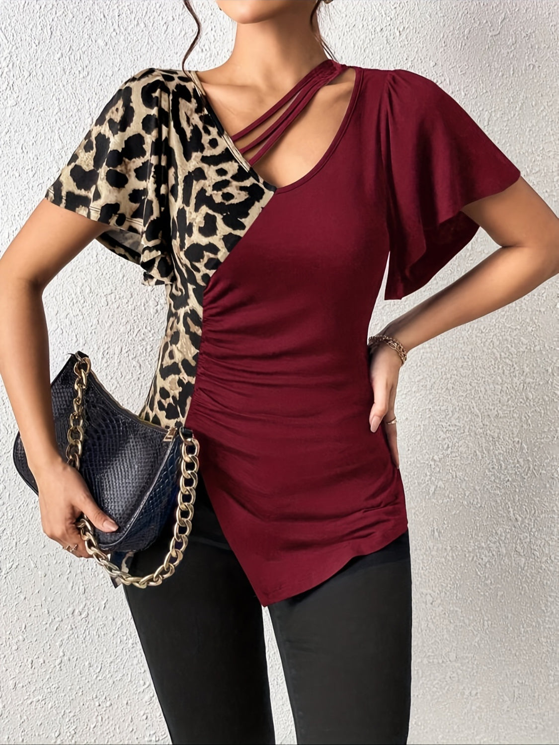 Ruched Leopard Flutter Sleeve Top