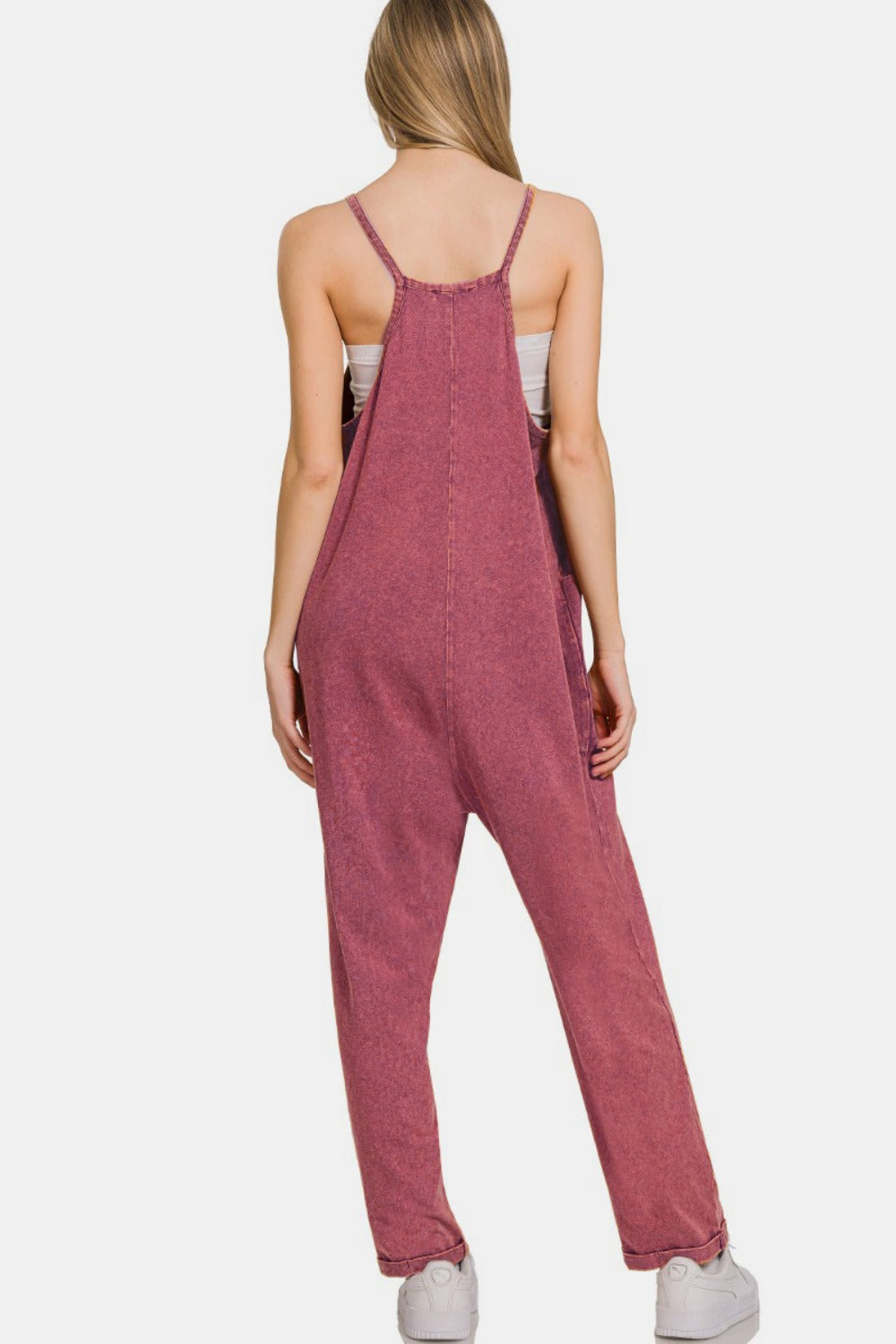 Zenana Burgundy Washed Spaghetti Straps Overalls with Pockets - Kittybear Krafts