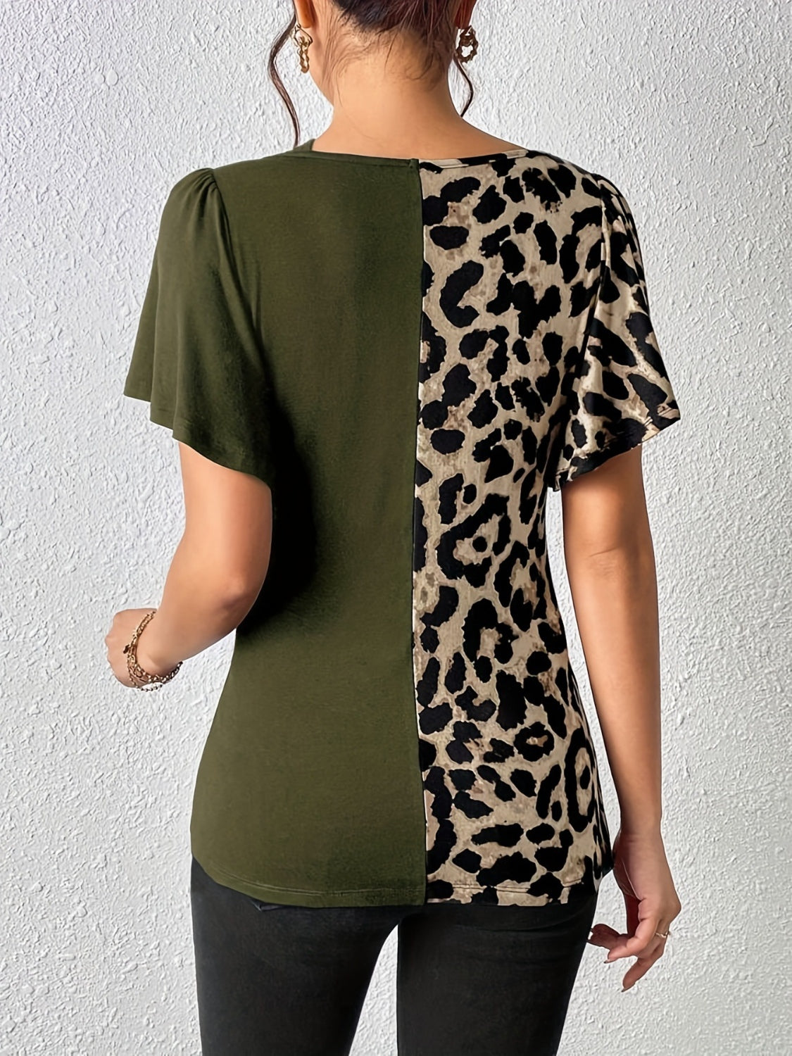 Ruched Leopard Flutter Sleeve Top