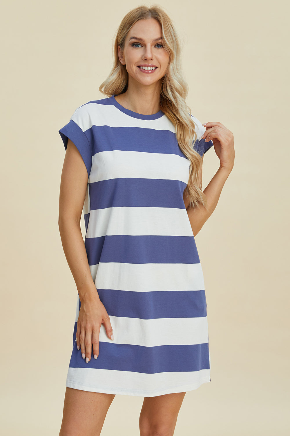 Striped Round Neck Cap Sleeve Mini Dress Trendsi