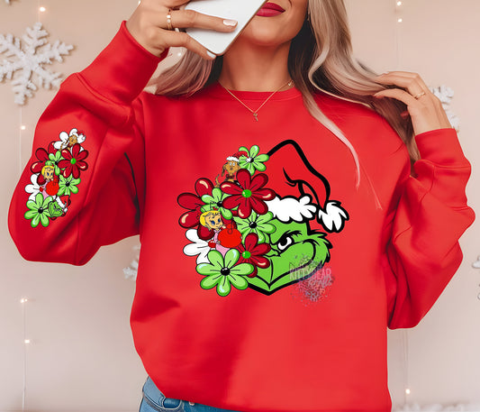 Green Monster with Sleeve Design Christmas Graphic Long-Sleeve Tee, or Crewneck Sweater Kittybear Krafts