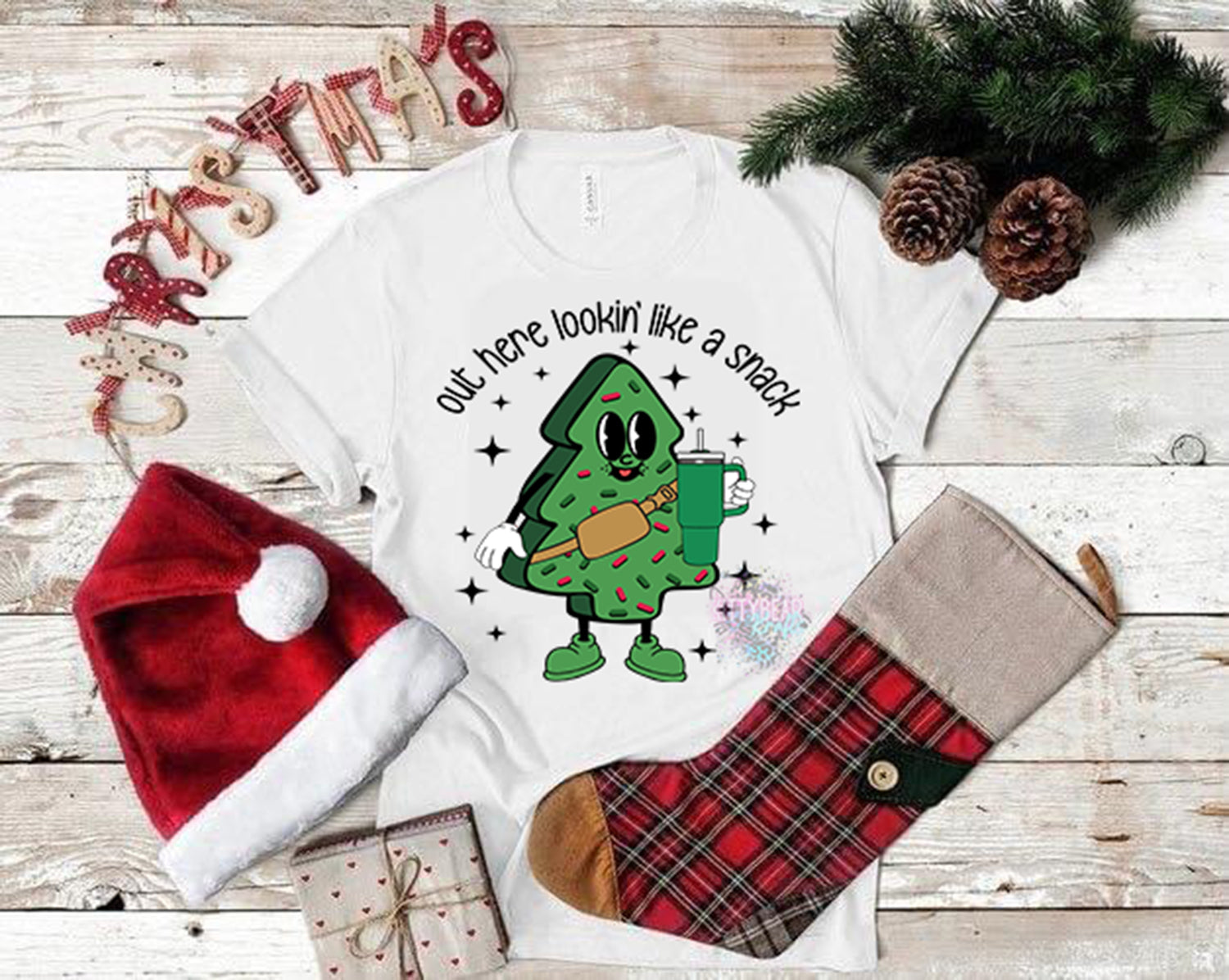 Out Here Lookin Like a Snack (Green Tree) Christmas Graphic Tee Kittybear Krafts