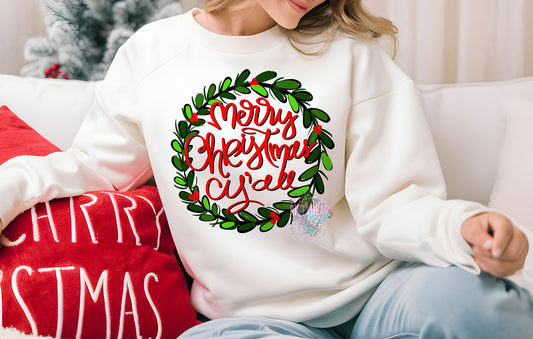 Merry Christmas Y'all Wreath Graphic Short Sleeve, Long-Sleeve Tee, or Crewneck Sweater Kittybear Krafts