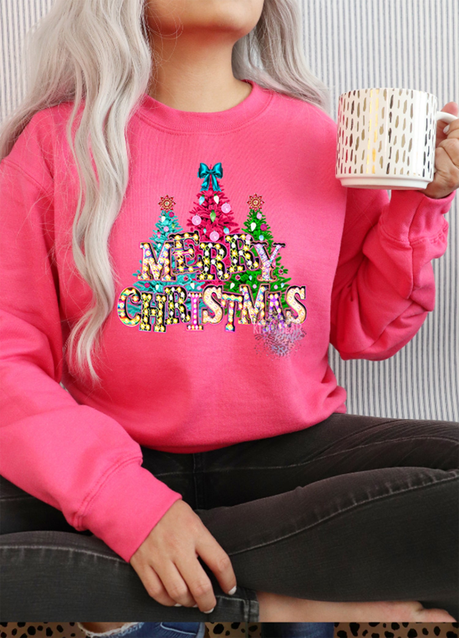 Merry Christmas Bright Trees Marquee Letters Graphic Sweater Kittybear Krafts