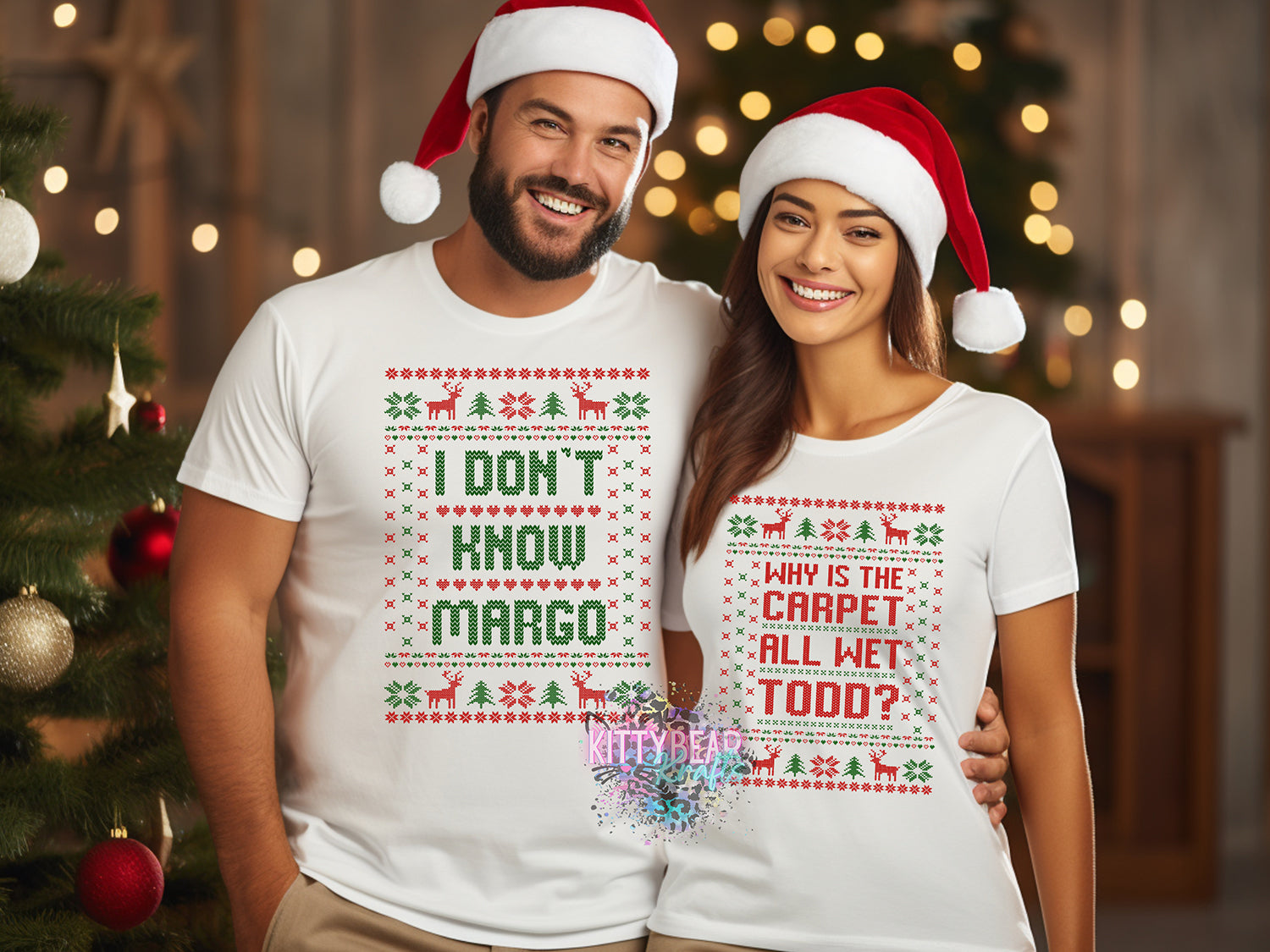 Why is the Carpet All Wet? Couples Christmas Graphic Tee Kittybear Krafts